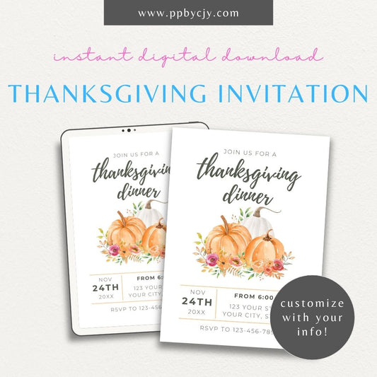 Thanksgiving Dinner Invitation Printable – Editable autumn-themed template for holiday or Friendsgiving parties.