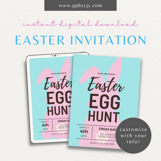 Easter Invitation with Pink Bunny Silhouette – Printable spring party invite for Easter celebration.