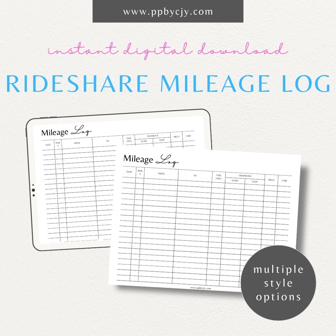 Rideshare Mileage Log Printable Template – Digital download for tracking miles, trips, and tax deductions for rideshare drivers.