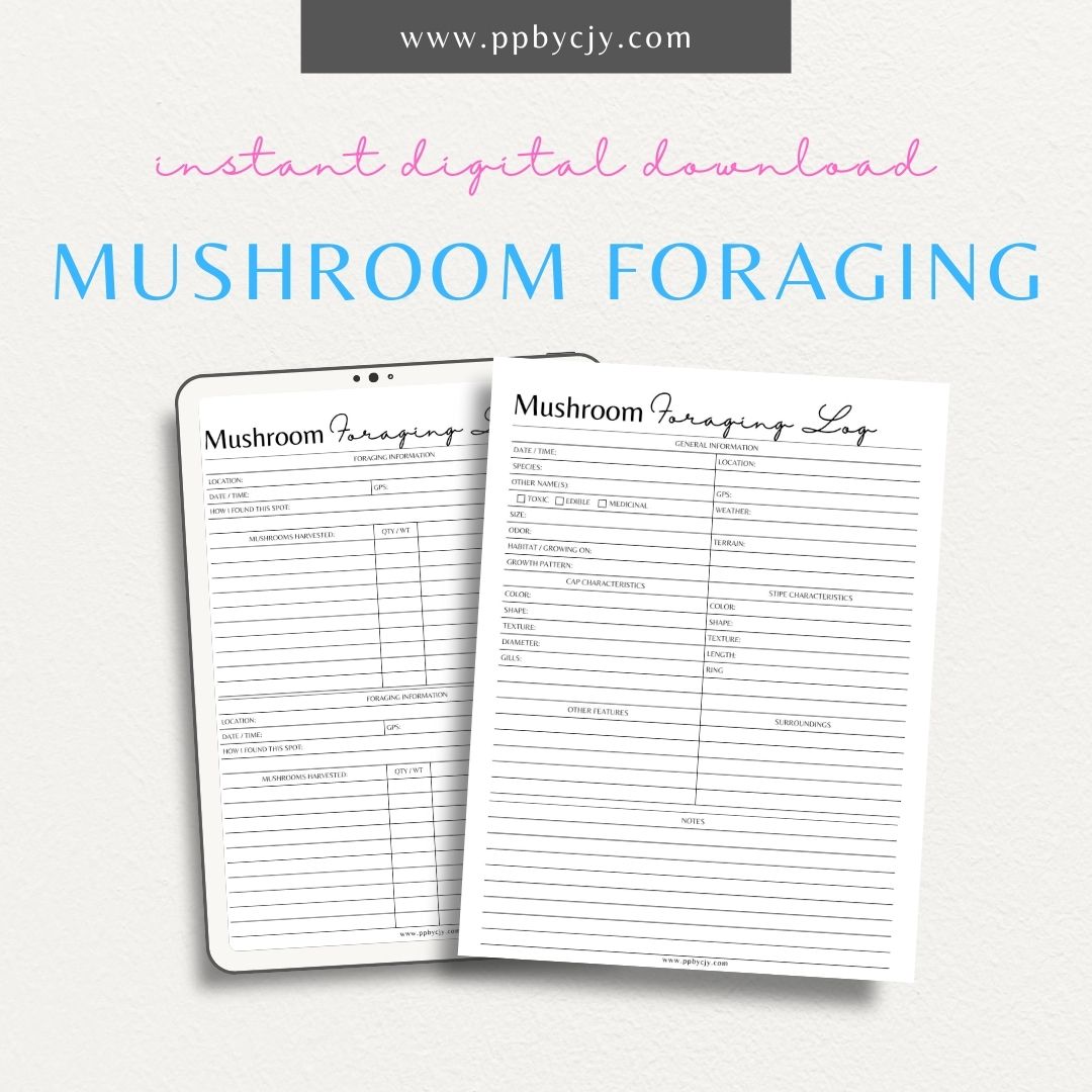 Mushroom Foraging Log Printable Template – Digital download for documenting mushroom finds, identification, and foraging notes