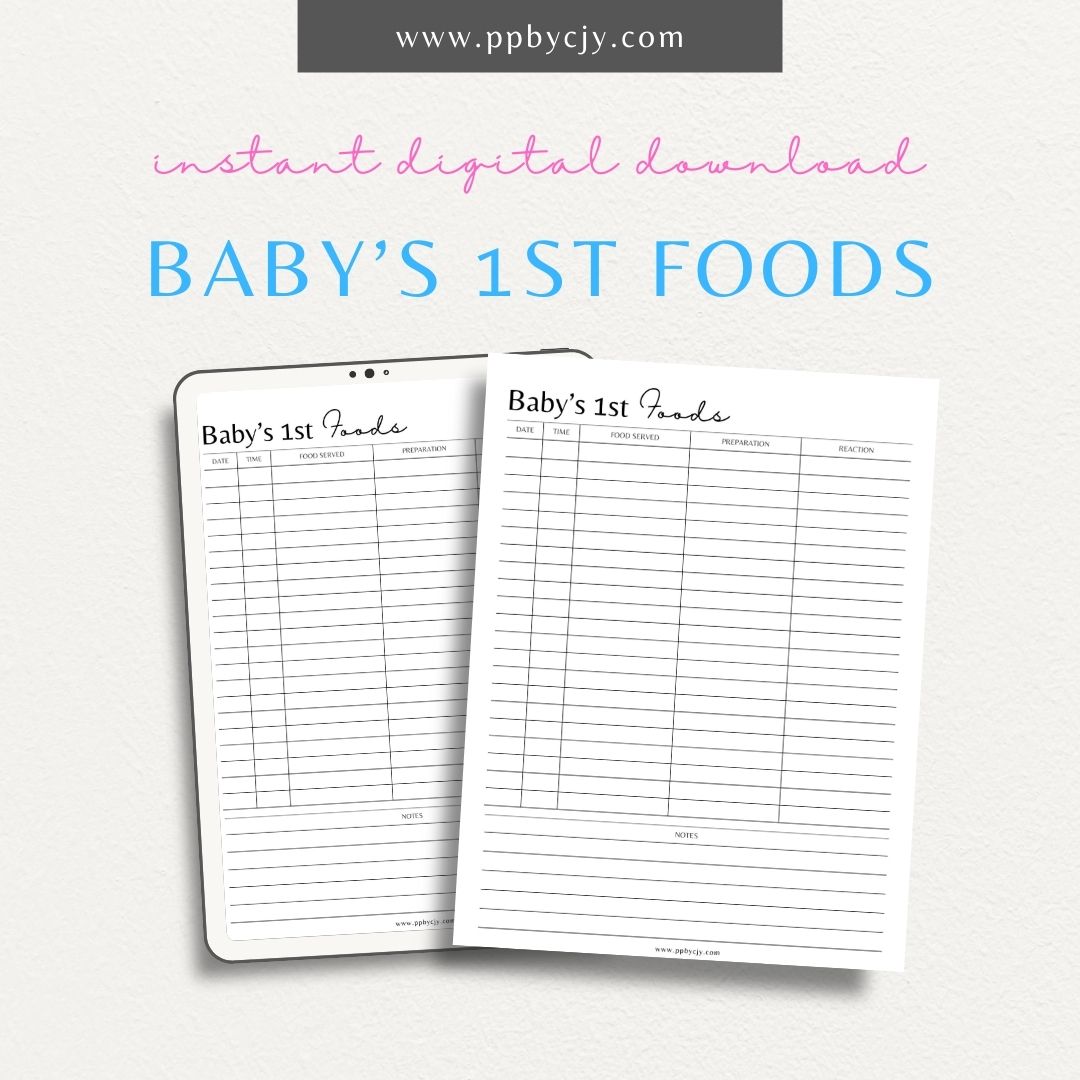 Baby’s First Foods Tracker Printable Template – Digital download for recording infant’s first foods and nutrition