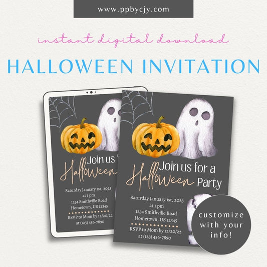 Halloween Invitation with Ghost and Pumpkin – Printable spooky fun party invite.