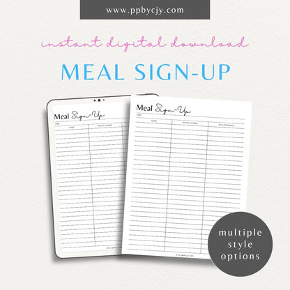 Meal Train Sign-Up Printable Template – Digital download for organizing and coordinating meal deliveries for someone in need.