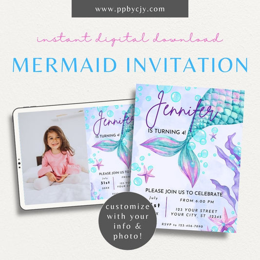 Mermaid Party Invitation Template Printable – Digital download with ocean waves and seashell design