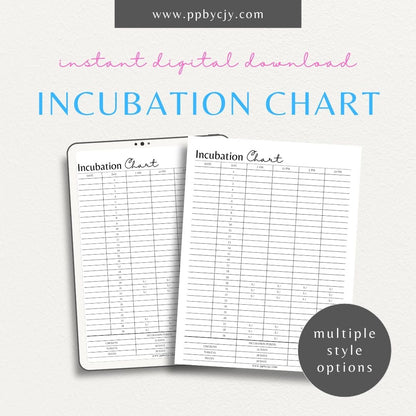 Incubation Chart Printable Template – Digital download for tracking egg hatching, temperature, and humidity.