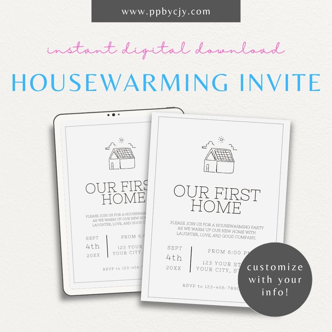 Elegant Housewarming Party Invitation Template Printable – Digital download with charming house illustrations