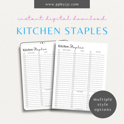 Kitchen Staples Inventory List Printable Template – Digital download for tracking pantry items, managing kitchen staples, and organizing groceries.