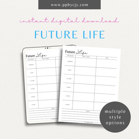 Future Life Yearly Goal Setting Printable Template – Digital download for planning and tracking annual goals and aspirations.