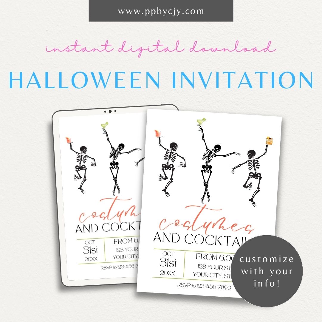 Halloween Invitation with Skeletons and Cocktails – Printable spooky chic party invite.