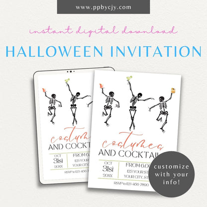 Halloween Invitation with Skeletons and Cocktails – Printable spooky chic party invite.