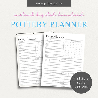 Pottery Planner Printable Template – Digital download for organizing ceramic projects, including design planning, material tracking, and firing schedules