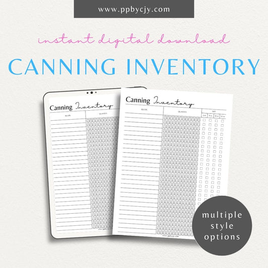 Homestead Canning Inventory Printable Template – Digital download for recording and managing home-canned goods and supplies.