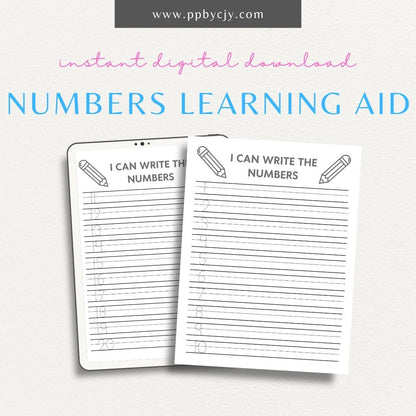 Number Learning Worksheet Printable Template – Digital download for teaching and reinforcing number recognition, writing, and basic math skills.