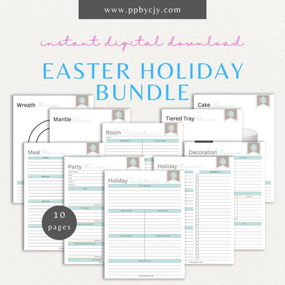 Easter Holiday Planner Printable Template – Digital Download for Comprehensive Holiday Organization with sections for meal planning, party planning, shopping lists, and activities.