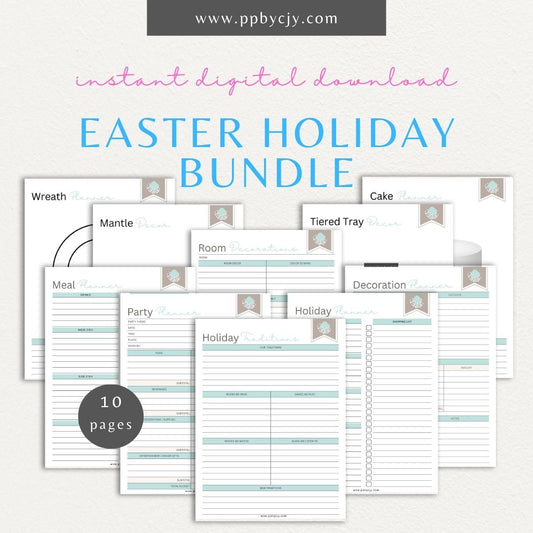 Easter Holiday Planner Printable Template – Digital Download for Comprehensive Holiday Organization with sections for meal planning, party planning, shopping lists, and activities.