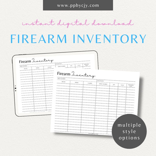 Firearm Inventory Template Printable – Digital download for gun collection tracking