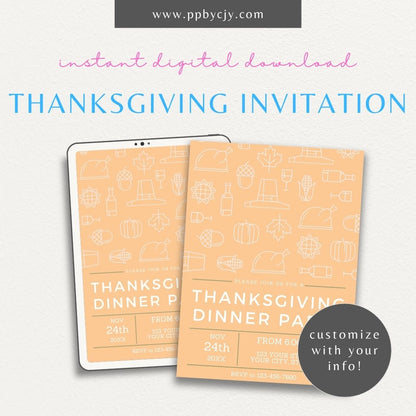 Thanksgiving Party Invitation Printable – Editable template for Friendsgiving or holiday dinners.