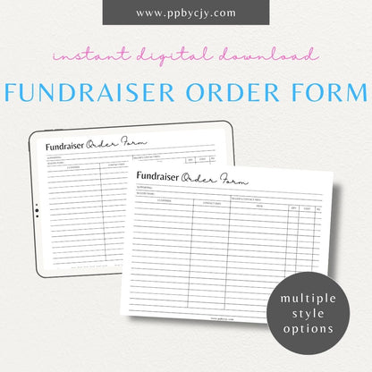 Fundraiser Order Form Printable Template – Digital download for tracking item orders, managing sales, and organizing fundraising events.