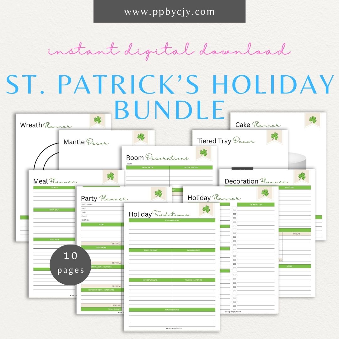 St. Patrick's Day Planner Printable Template – Digital download for organizing and planning St. Patrick's Day activities, including events, decorations, recipes, and schedules