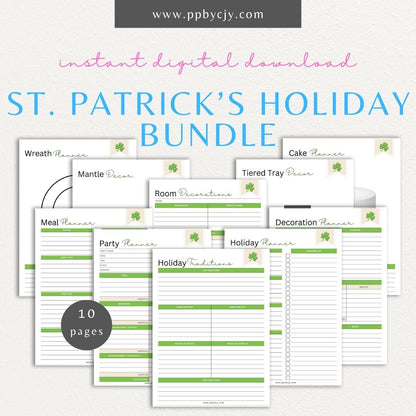 St. Patrick's Day Planner Printable Template – Digital download for organizing and planning St. Patrick's Day activities, including events, decorations, recipes, and schedules