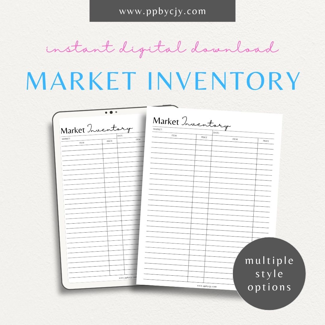 Market Inventory Printable Template – Digital download for managing stock, tracking sales, and organizing products for farmers markets or craft fairs.