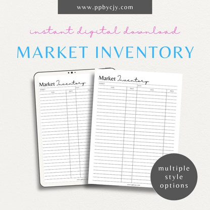 Market Inventory Printable Template – Digital download for managing stock, tracking sales, and organizing products for farmers markets or craft fairs.