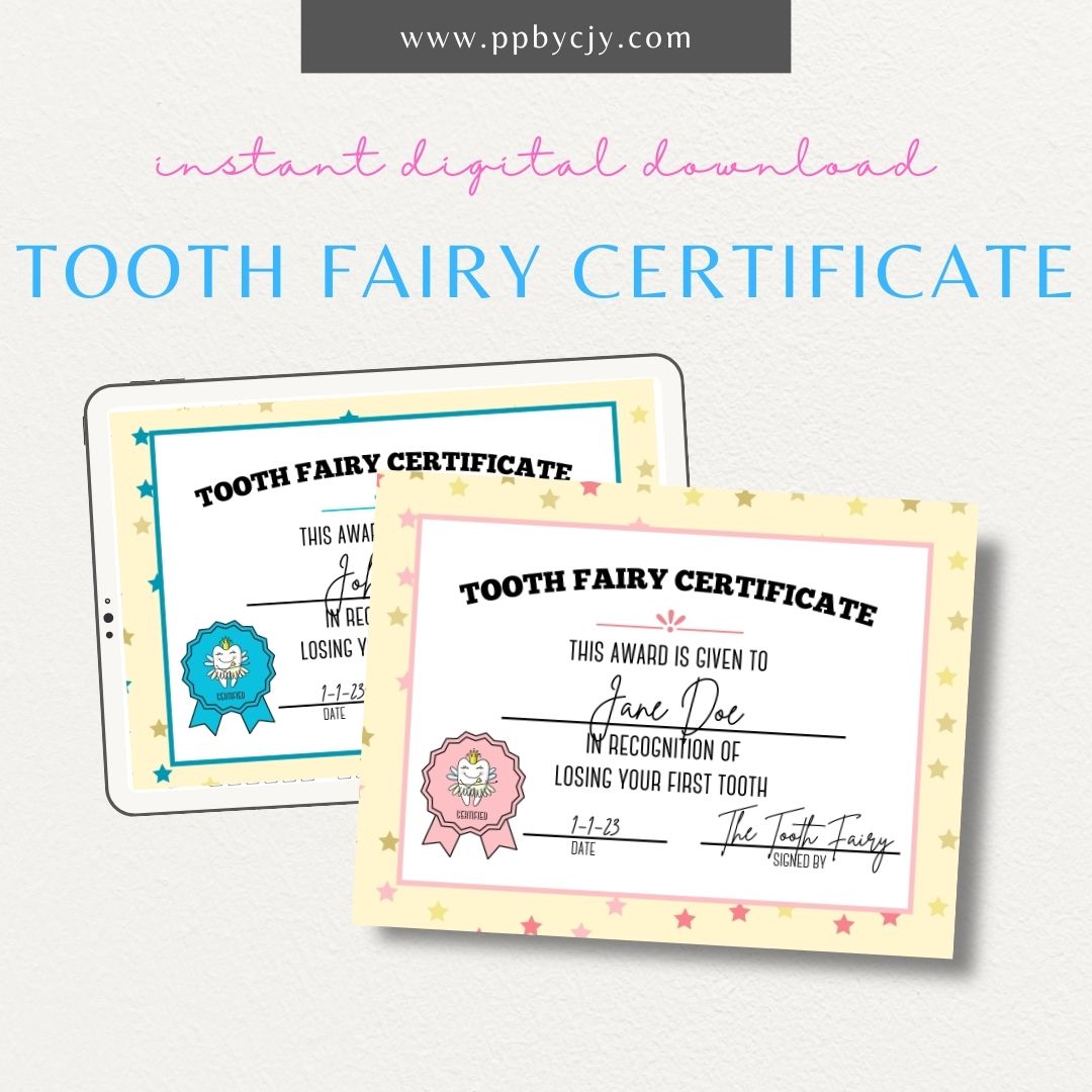 Personalized Tooth Fairy Certificate Printable Template – Digital download for creating customized certificates to celebrate a child's lost tooth, including space for the child’s name and the Tooth Fairy’s message