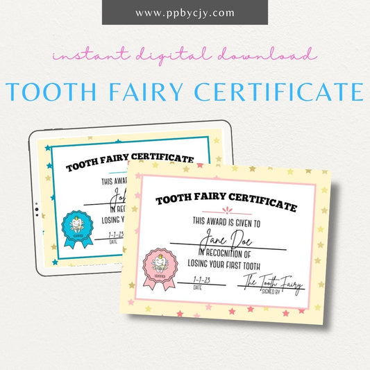 Personalized Tooth Fairy Certificate Printable Template – Digital download for creating customized certificates to celebrate a child's lost tooth, including space for the child’s name and the Tooth Fairy’s message