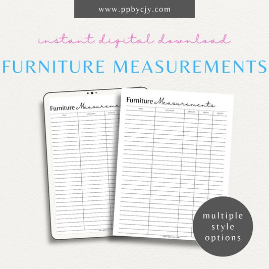 Furniture Measurement List Printable Template – Digital download for recording and organizing measurements of your home furniture.