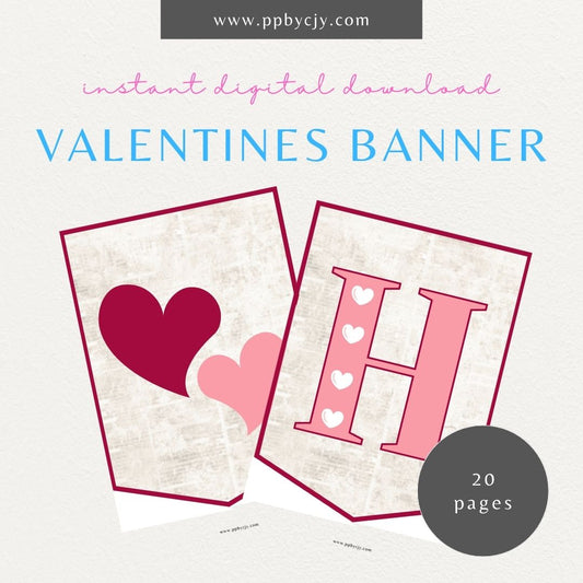 Printable Valentine’s Day flag banner with "Happy Valentine’s Day" lettering and heart designs for festive decorations.

