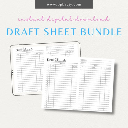 Fantasy Football Draft Sheet Bundle – Digital download with comprehensive planning tools for organizing and managing fantasy football drafts, including multiple draft sheets