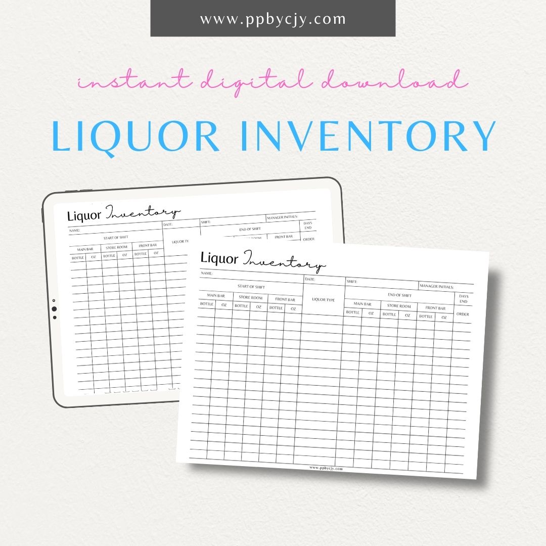 Bar Liquor Inventory Printable Template – Digital download for bar business inventory management, tracking liquor stock, and optimizing bar operations.