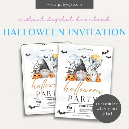 Halloween Invitation with Gnome & Bats – Printable spooky party invite for Halloween celebration.