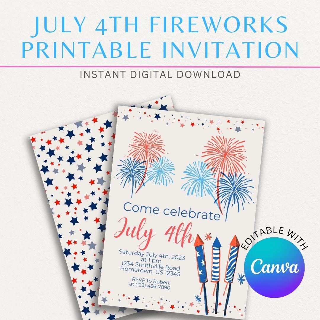 July 4th Firework Printable Invitation with colorful fireworks for a festive Independence Day celebration.

