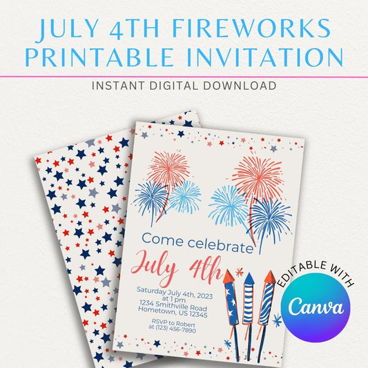 July 4th Firework Printable Invitation with colorful fireworks for a festive Independence Day celebration.

