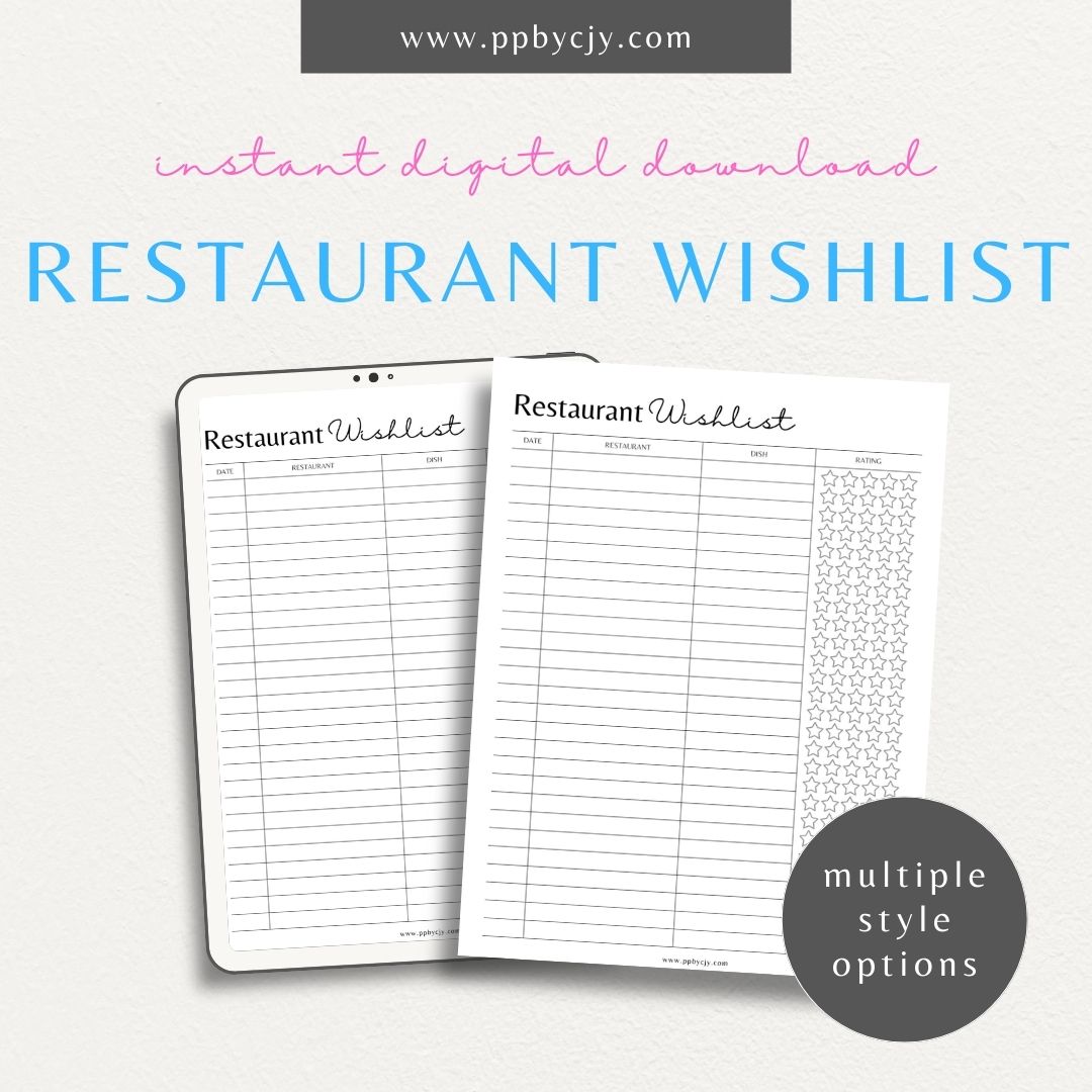 Restaurant Wishlist Printable Template – Digital download for planning dining adventures, tracking restaurants, and recording reviews.