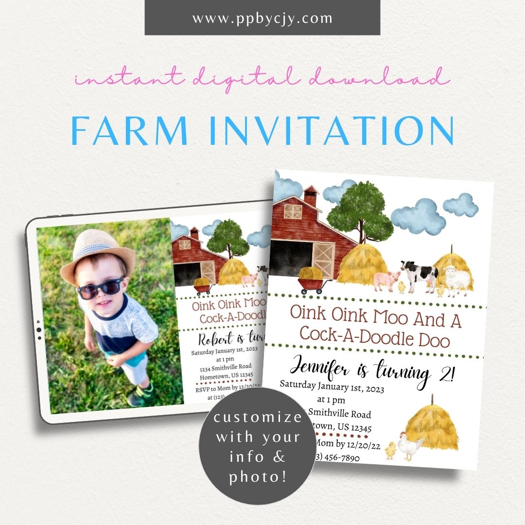 Farm Barnyard Invitation Printable Template – Editable digital download for a rustic farm-themed party.