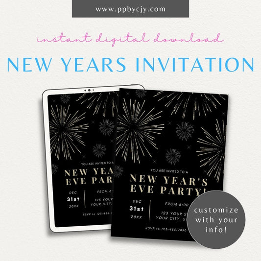 Glitter & Glam New Year's Eve Party Invitation Printable – Digital download with gold accents and chic design