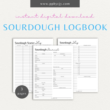 Sourdough Logbook Printable Template – Digital download for tracking and documenting sourdough baking processes, including starter maintenance, fermentation, and baking results