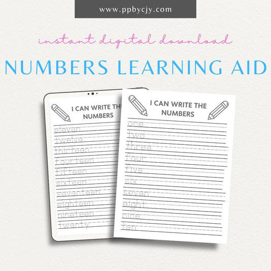 Number Learning Worksheet Printable Template – Digital download for teaching and reinforcing number recognition, writing, and basic math skills.