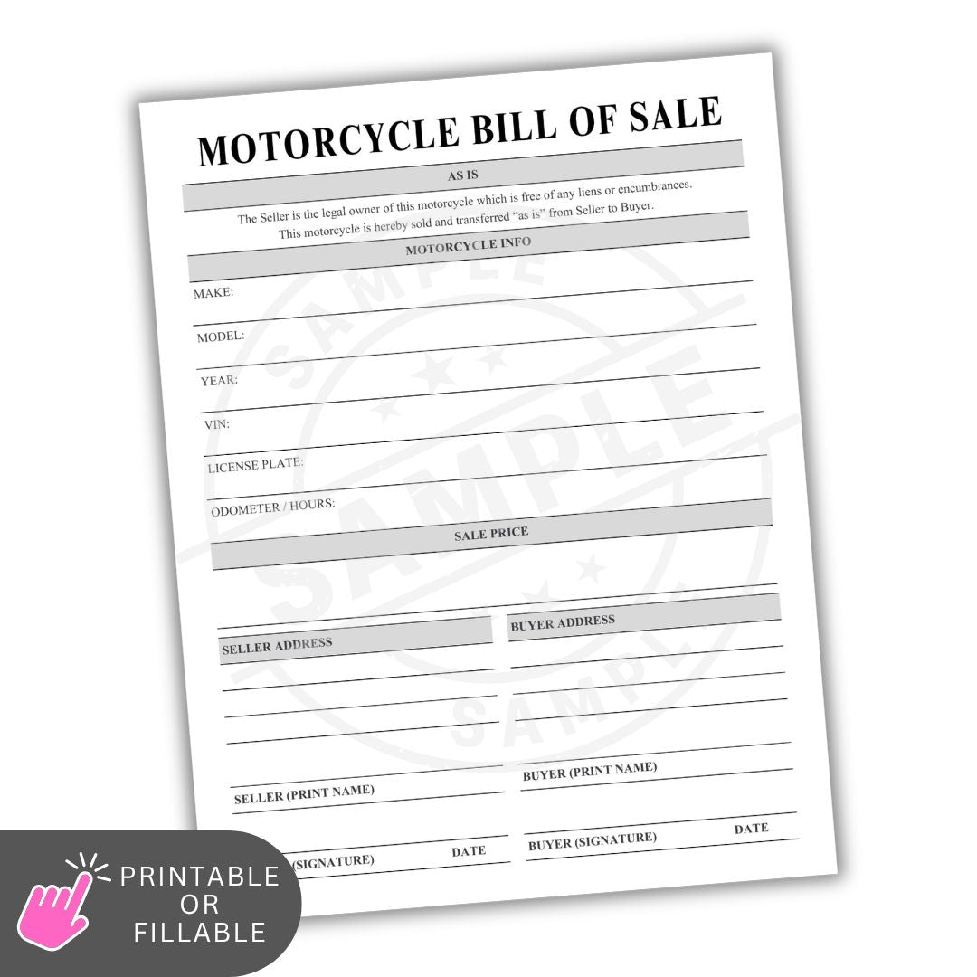 Motorcycle bill of sale form on a white background