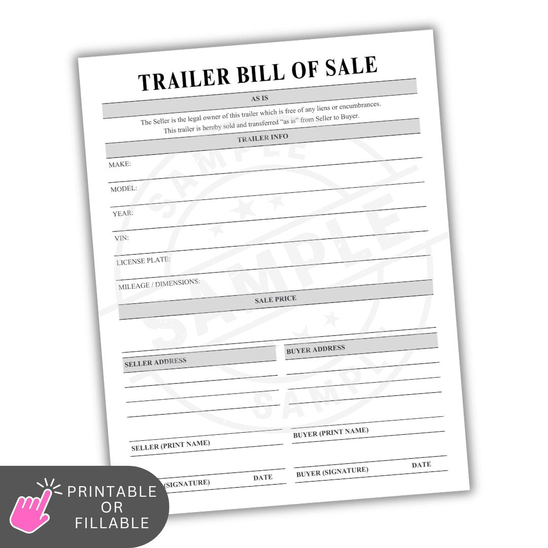 Trailer bill of sale form on a white background