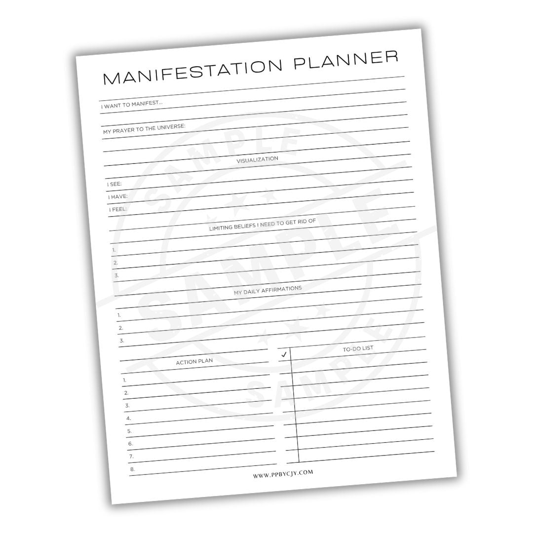 Manifestation planner sheet with text and lines on a white background