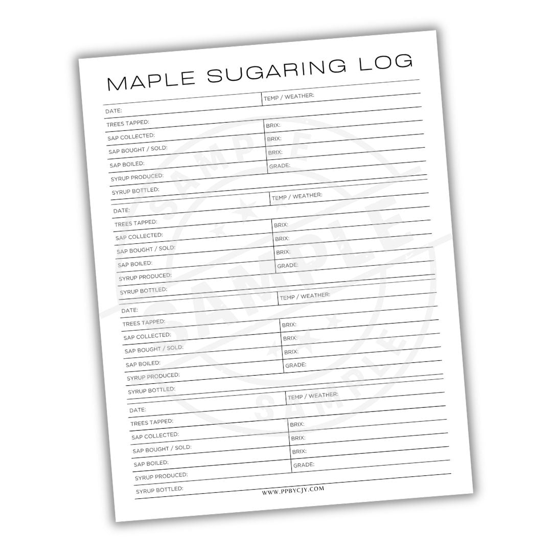 Maple sugaring log sheet on a white background