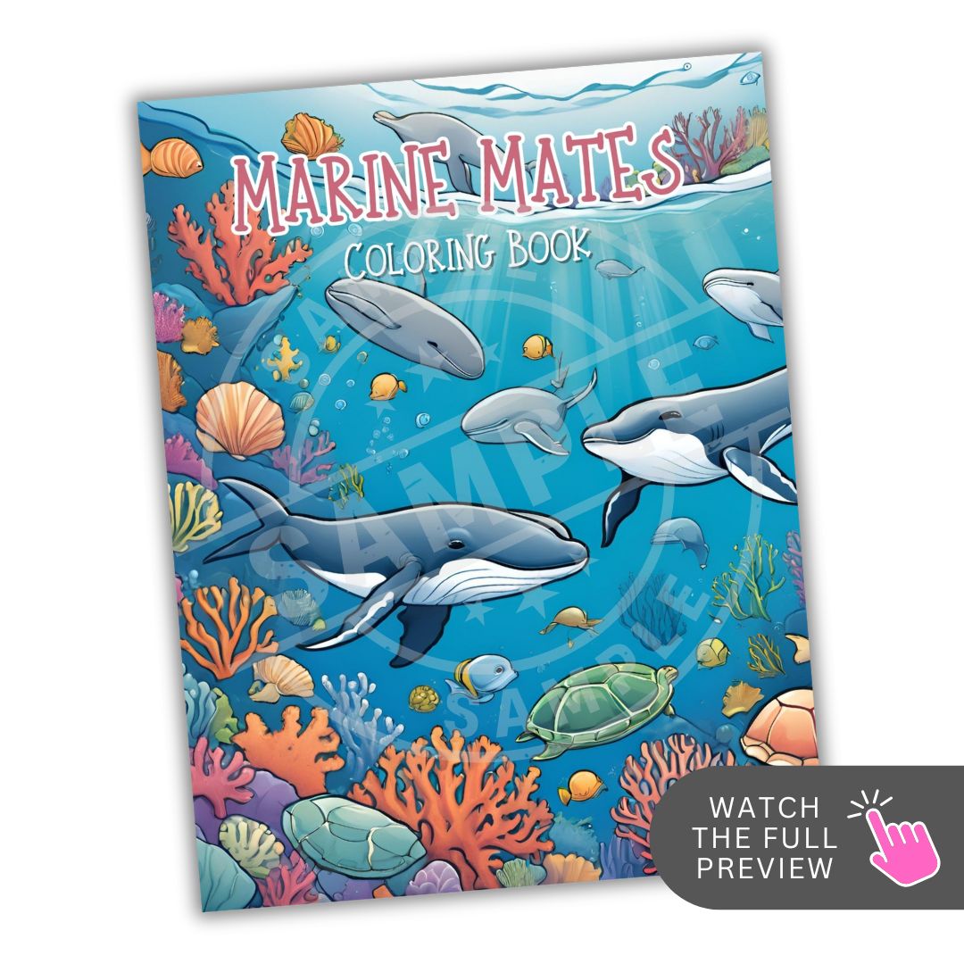 Coloring book cover titled 'Marine Mates' with whale illustrations on a blue background.