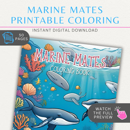 Marine Mates 50 Printable Coloring Pages featuring ocean animals like dolphins, sharks, and sea turtles, perfect for marine life lovers and coloring enthusiasts.
