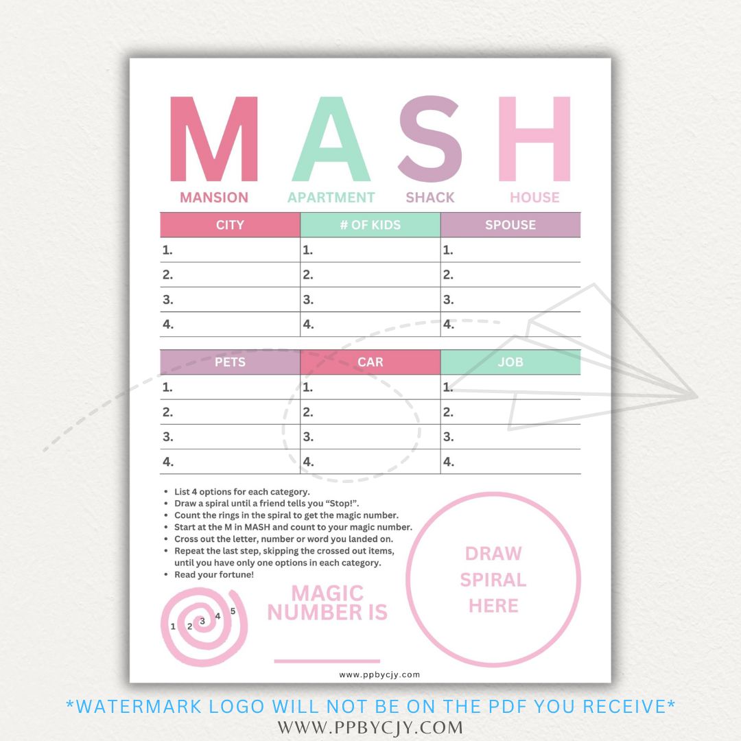 MASH game printable template with fun future categories, a numbered spiral for random selection, and space for creative answers.

