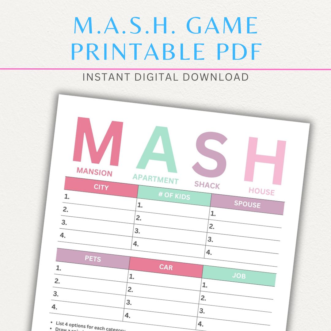 MASH game printable template with fun future categories, a numbered spiral for random selection, and space for creative answers.

