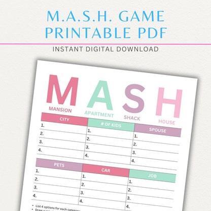 MASH game printable template with fun future categories, a numbered spiral for random selection, and space for creative answers.

