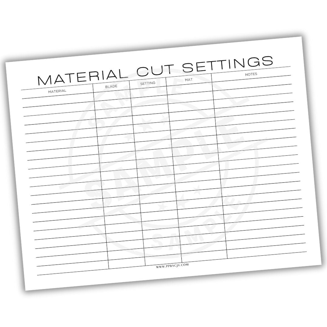 Sheet with 'Material Cut Settings' heading and a grid for recording details.